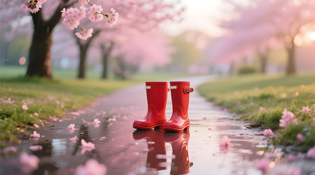 A pair of vibrant red rain boots stands in a puddle on a pathway, surrounded by delicate pink cherry blossom petals, capturing the essence of spring.の素材