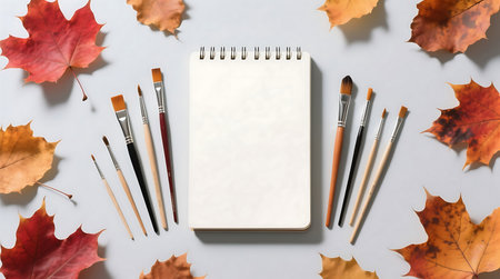 A blank spiral notebook is centered among artists brushes and colorful autumn leaves, perfect for fall-themed creativity.の素材