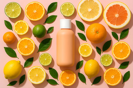 Vibrant citrus fruits and fresh green leaves are artfully arranged around a peach-colored beauty product bottle on a light pink background, symbolizing natural skincare.の素材
