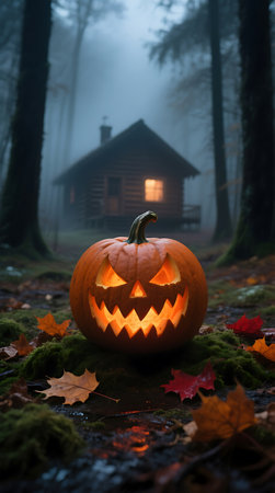 A menacing carved jack-o-lantern glows brightly on mossy ground amidst autumn leaves in a mystical, foggy forest, with a rustic cabin in the background.の素材