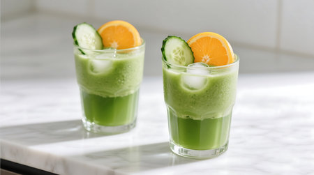 Two vibrant green drinks, garnished with fresh cucumber and orange slices, sit on a pristine white marble counter, creating a refreshing and healthy image.の素材
