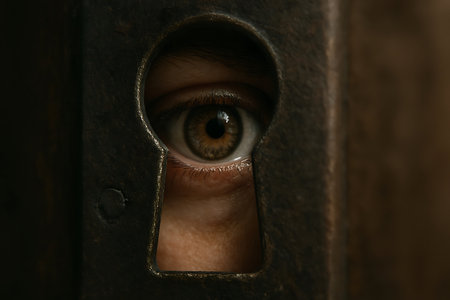 A close-up of a curious human eye, with warm brown tones, peeking intently through an old, dark metal keyhole, suggesting themes of secrecy and observation.の素材