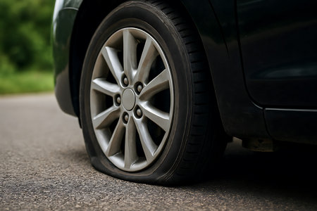 A close-up view of a car with a flat tire resting on an asphalt road, illustrating a common roadside mechanical issue.の素材