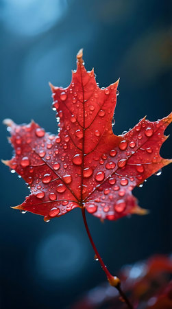A vibrant red maple leaf is adorned with numerous sparkling dew drops, set against a softly blurred cool blue background, capturing autumns natural beauty.の素材