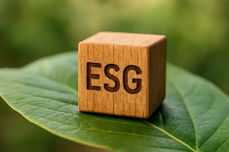 A wooden cube displaying the acronym ESG is placed on a fresh green leaf, symbolizing sustainable business and environmental responsibility.の素材