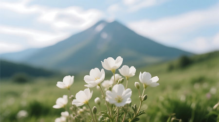 Beautiful white wild flowers bloom in a vibrant green meadow with a majestic mountain and clear sky in the softly blurred background.の素材