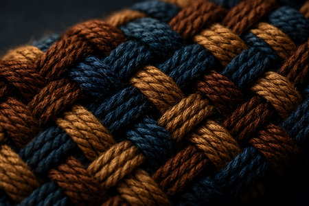 A close-up shot reveals the intricate texture of tightly woven ropes in deep blue, brown, and gold. This creates a rich, patterned background with striking contrast.の素材