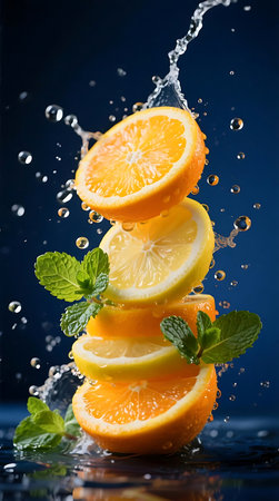 A vibrant stack of orange and lemon slices, adorned with fresh mint, is surrounded by dynamic splashing water against a deep blue background, conveying freshness and zest.の素材