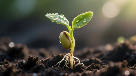 A close-up view of a young plant germinating, showcasing fresh green leaves with sparkling water droplets and delicate roots in dark soil.の素材
