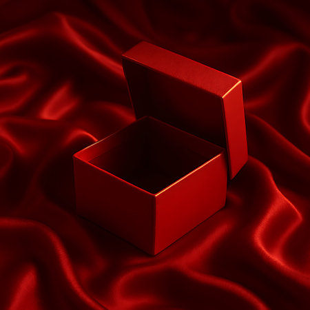 An elegant open red gift box is beautifully displayed on draped luxurious deep red silk fabric, creating a rich and opulent background. Perfect for themes of love, celebration, or luxury.の素材