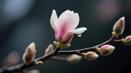 A delicate magnolia blossom, featuring pink and white petals, is beautifully adorned with glistening raindrops on a branch. The serene close-up captures a fresh, vibrant moment in nature.の素材