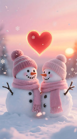A sweet snowman couple wearing pink hats and scarves stands in a snowy landscape with a glowing heart above them, symbolizing love during winter.の素材