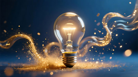 A brightly lit incandescent light bulb stands amidst a swirl of golden sparkling light and particles on a deep blue surface, symbolizing innovation and new ideas.の素材