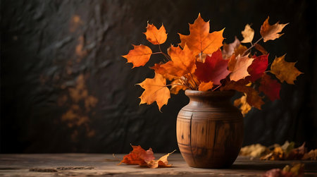 A rustic wooden vase holds a beautiful arrangement of colorful autumn maple leaves on a weathered wooden table, evoking a cozy fall atmosphere.の素材