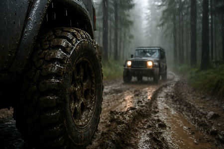 Two powerful off-road vehicles brave a challenging muddy forest track during a heavy rain, highlighting the rugged tire in the foreground.の素材
