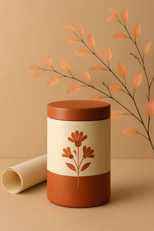 A stylish cylindrical container featuring a floral design in warm earthy tones, displayed on a minimalist background with a decorative autumn branch and rolled paper. Perfect for natural product presentations.の素材
