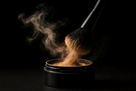 A cosmetic brush stirs loose, golden-toned face powder in a black container, creating an elegant dust cloud against a dark background.の素材