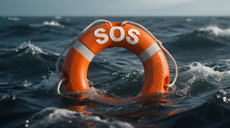 An orange lifebuoy with SOS written on it bobs in the rough, dark blue ocean, symbolizing a desperate call for help and rescue during an emergency.の素材