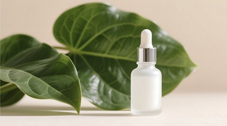 A frosted white serum dropper bottle stands elegantly on a light beige surface, accented by lush green botanical leaves. This image conveys natural skincare and organic beauty.の素材