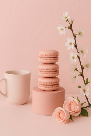 Elegant pink macarons stacked on a pedestal beside a matching mug, complemented by delicate cherry blossoms and soft pink roses, all against a serene pastel background.の素材