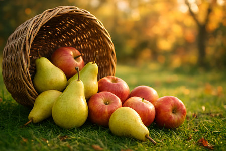A rustic wicker basket overflows with fresh red apples and green pears on lush green grass. Blurred autumn leaves create a warm, inviting harvest scene.の素材