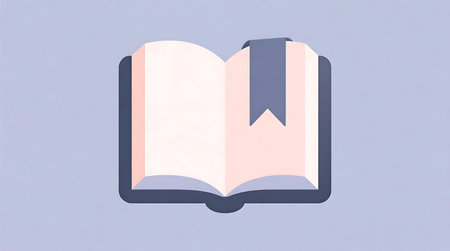 A minimalist illustration shows an open book with blank, light pink pages and a blue bookmark. The serene composition highlights learning and knowledge.の素材