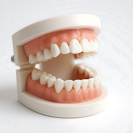 Close-up view of a realistic dental model with white teeth and pink gums, used for educational purposes in dentistry.の素材