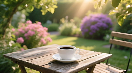 Enjoy a tranquil moment with a hot cup of coffee on a wooden table in a vibrant, sunlit garden. Blurred colorful flowers and green foliage create a serene outdoor ambiance.の素材