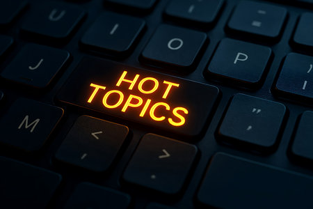 Close-up shot captures a black keyboard with a glowing orange key displaying HOT TOPICS. This symbolizes current trends, trending news, or viral content online.の素材