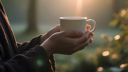 Warm hands gently clasp a white ceramic mug, illuminated by soft golden sunlight in a serene outdoor setting. Perfect for themes of comfort and tranquility.の素材