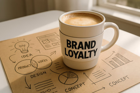 White mug with BRAND LOYALTY sits on a brown paper displaying various business strategy diagrams and ideas, illuminated by natural light.の素材