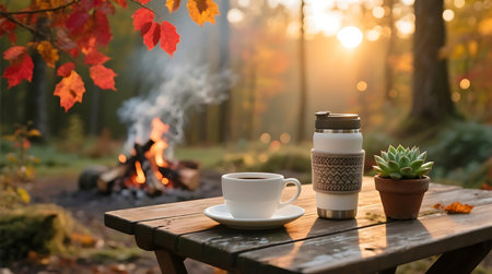 Enjoying warm coffee and a travel mug on a rustic wooden table, bathed in golden sunset light with a cozy campfire burning in the autumn forest background.の素材