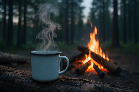 Steaming enamel mug rests on a log, beautifully lit by a glowing campfire in a serene dark forest setting at dusk.の素材