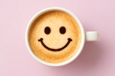 Heartwarming coffee art in the form of a smiley face tops a warm beverage in a white mug, sitting on a pastel pink surface.の素材