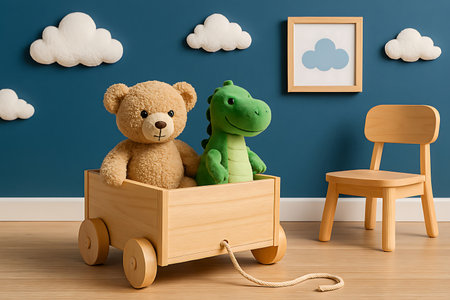 Interior of a cozy childs playroom featuring a wooden toy wagon holding a teddy bear and a green dinosaur plush toy.の素材