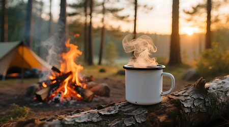 Steaming enamel mug rests on a log beside a crackling campfire, with a tent and sunlit forest in the tranquil background. Evokes warmth and peaceful outdoor adventure.の素材