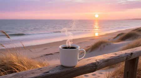 Steaming cup of coffee sits on a weathered wooden railing, overlooking a peaceful beach with sand dunes and the ocean at sunset.の素材