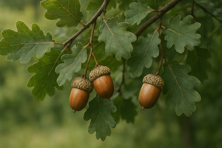 Ripe brown acorns dangle from an oak tree branch amidst vibrant green leaves, showcasing natures autumn bounty.の素材
