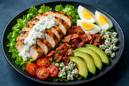 Freshly prepared Cobb salad featuring grilled chicken, hard-boiled eggs, crispy bacon, avocado, tomatoes, and blue cheese on a bed of lettuce.の素材