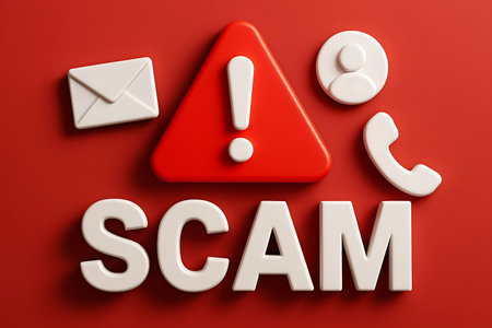 Prominent white 3D letters spell SCAM, accompanied by a red warning symbol, envelope, person, and phone icons on a vibrant red background, conveying a strong fraud alert.の素材