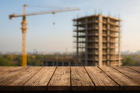 Weathered wooden tabletop provides a rustic foreground with a blurred modern construction site and crane in the background. The warm light suggests late afternoon or early morning.の素材