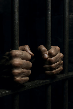 Close-up shot shows human hands tightly gripping dark, rusty metal prison bars. The grim scene evokes feelings of captivity, despair, and isolation.の素材