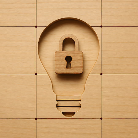 Carved wooden light bulb shape contains a padlock, illustrating concepts of idea security and intellectual property protection.の素材