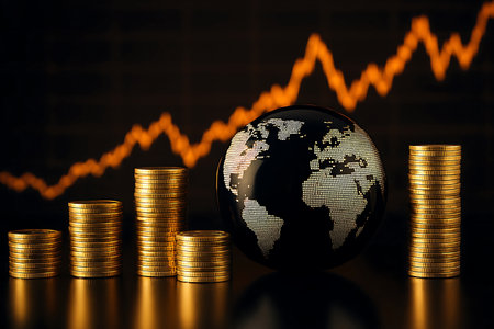 Illustrates global economic prosperity with growing stacks of gold coins alongside a digital world map and a blurred financial chart.の素材