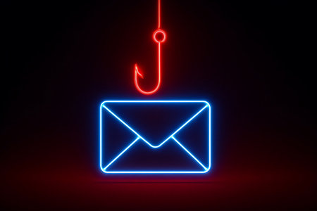 Illustrates a phishing scam, with a glowing red neon hook threatening to lure an unsuspecting blue email envelope on a dark background.の素材