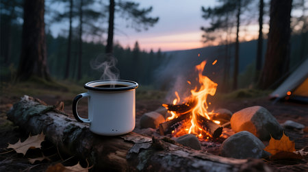 Steaming enamel mug of hot coffee rests on a log beside a crackling campfire in a tranquil forest at dusk, with a tent visible in the background.の素材