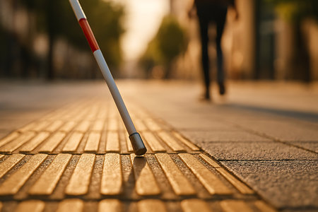 White cane tapping on tactile paving, guiding an individual with visual impairment along an urban sidewalk. Emphasizes independence and accessibility features.の素材