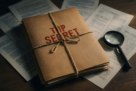 Red TOP SECRET stamped on brown folder tied with twine, surrounded by scattered papers and a magnifying glass on a rustic wooden desk. Suggests a confidential investigation.の素材