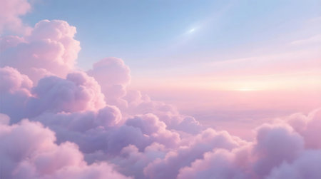 Beautiful high angle view of soft, fluffy pastel clouds bathed in hues of pink, purple, and blue Distant sun illuminates the serene, dreamy sky at dawn or duskの素材