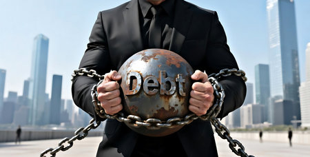 Professional person struggles under the weight of financial debt, symbolized by a chained metal sphere in an urban settingの素材